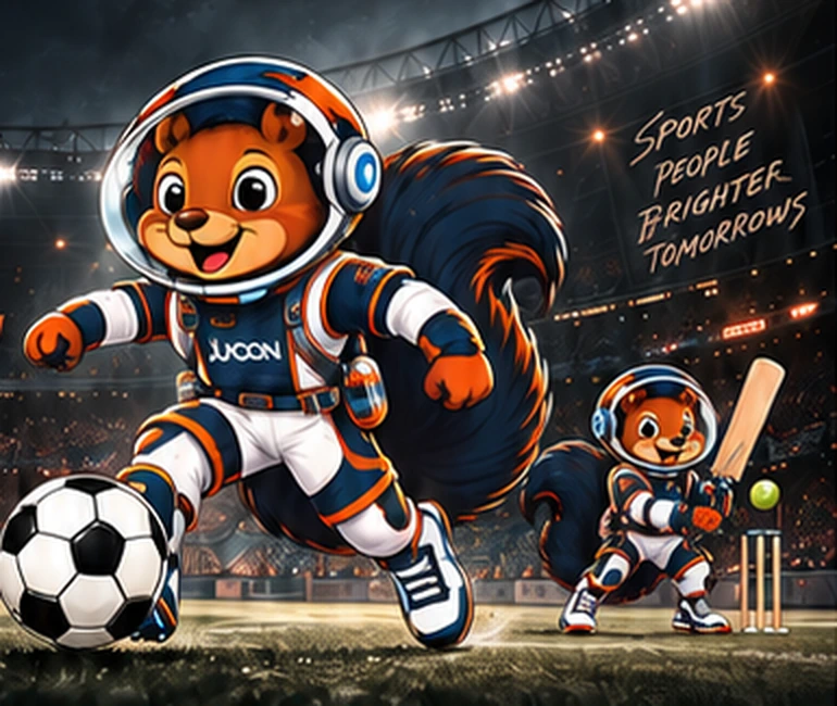Junoon mascots playing football and cricket in a stadium