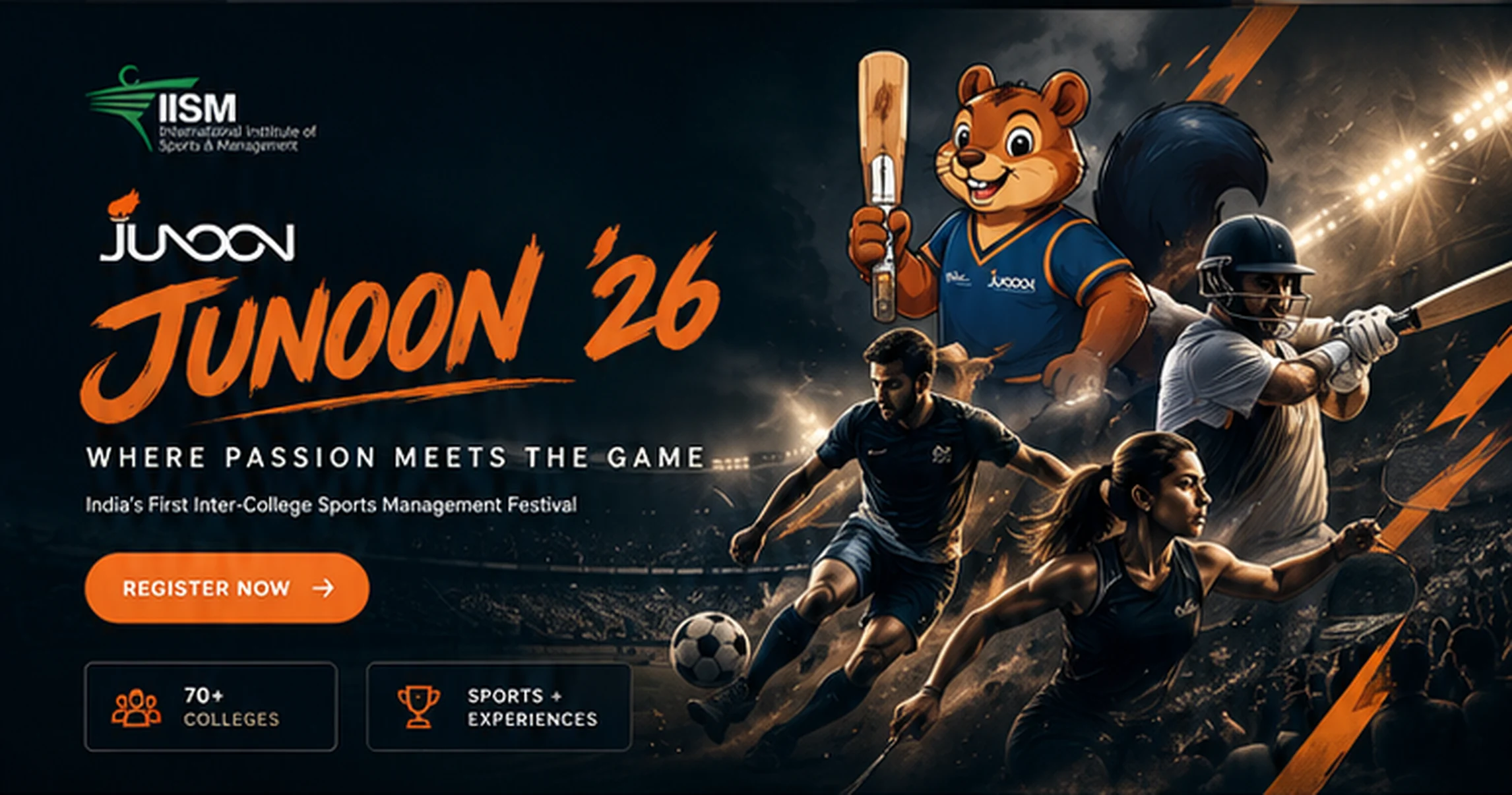 Junoon '26 hero: mascot with cricket bat, cricketer, footballer and badminton player under stadium floodlights